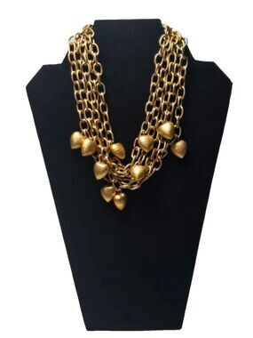 Vtg 1980s Anne Klein Signed Multi Strand Gold Tone Hammered Puffy Heart Necklace